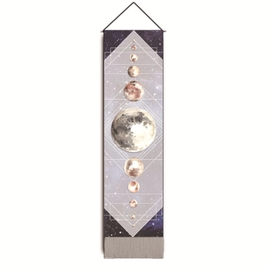 Vertical wall tapestry showing the moon phase cycle on a starry night sky backdrop