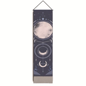 Bohemian moon phase tapestry with dark blue starry sky and constellation wall art hanging