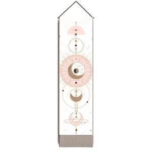 Detailed view of the moon phase tapestry with geometric celestial art and hanging rods