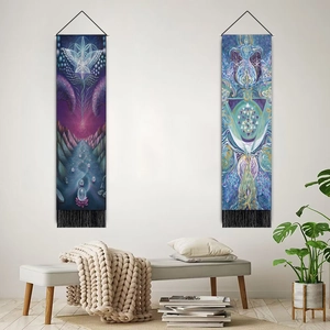 Modern bohemian wall tapestries with meditation energy patterns and black tassels in living room