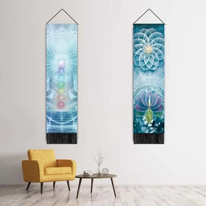 Bohemian meditation tapestry with chakra mandala patterns and black fringe for living room