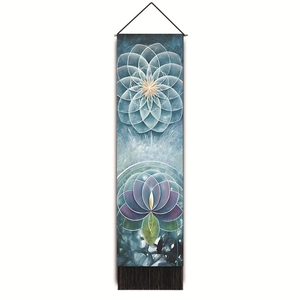 Detailed shot of bohemian meditation tapestry featuring mandala lotus and black tassels