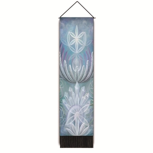 Vertical wall tapestry with crystal clusters and sacred geometry lotus detail
