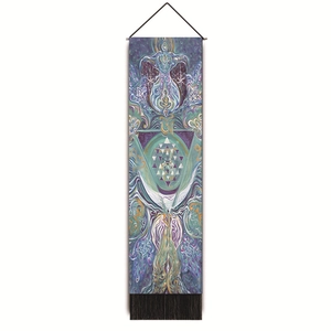 Vertical Sri Yantra meditation tapestry detail with black tassels and sacred geometry