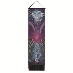 Vertical bohemian meditation tapestry with surreal mountain landscape and black tassels