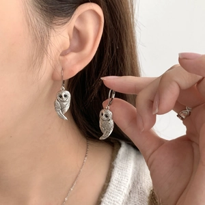 Parure De Bijoux En Laiton Plaqué Argent Vintage Collier Hibou Et Boucles D'oreilles Pendentif Animal Yeux En Pierre Noire