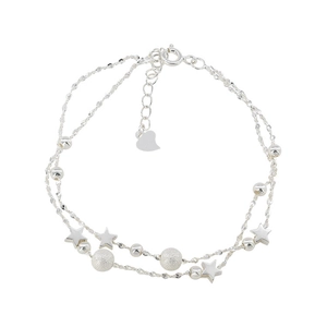 Double-layered silver star bracelet with frosted beads and adjustable heart charm chain