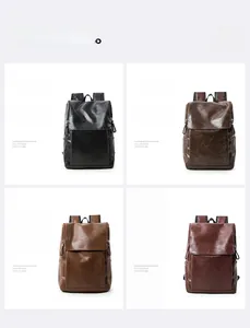 Detail view of four colors of minimalist PU leather backpacks with flip-top lids