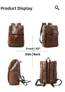 Multi-angle view of minimalist brown PU leather backpack with adjustable nylon straps