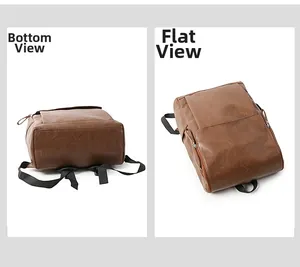 Detail view of brown vintage leather backpack showing bottom structure and flat lay design