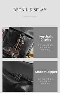 Detailed view of the sleek black leather backpack featuring twin metal zippers and dog charm