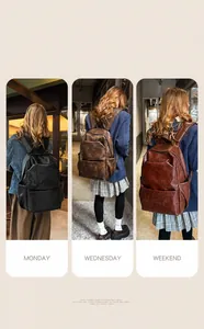Detailed comparison of synthetic leather backpack colors in black, dark brown, and reddish brown