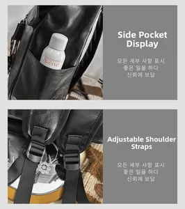 Detail view of the side pocket and adjustable shoulder strap on black PU leather backpack
