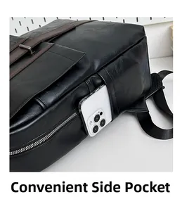 Detail showing convenient side pocket on black PU backpack with a phone inside