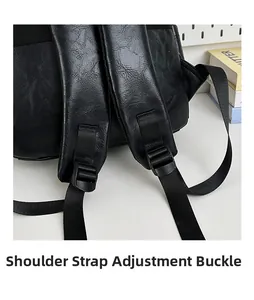 Detail of adjustable shoulder strap buckle on black pebbled PU leather laptop backpack