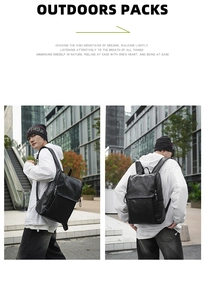 Detail of minimalist black PU leather backpack with side zipper and flap closure