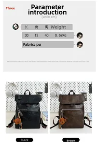 Detail view of large PU leather backpack showing texture and decorative bear keychain