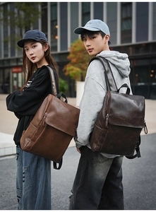 Outdoor lifestyle shot of minimalist PU leather backpacks in brown and coffee colors