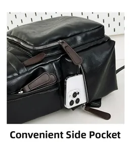 Detail of convenient side zipper pocket on black PU leather backpack with smartphone storage