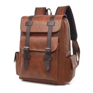 Classic dark brown vintage PU leather backpack with multiple pockets and metal buckles