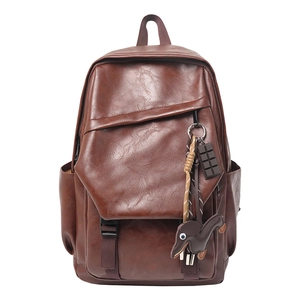 Vintage brown PU leather backpack with magnetic flap pocket and cute dog charm pendant