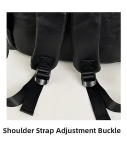 Close-up of adjustable strap buckle on a black textured leather college backpack