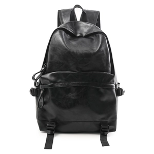 Minimalist black PU leather backpack with multi-pocket design and adjustable side buckles
