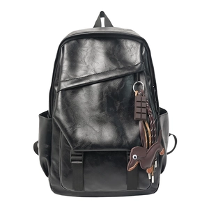 Retro black leather backpack with flap buckle closure and cute dachshund puppy pendant