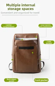 Detailed interior view of brown leather backpack with laptop compartment and storage pockets