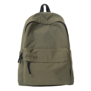 Olive green checkered nylon backpack with dual compartments and black zip pulls