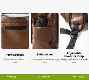 Detail of brown leather backpack featuring front velcro pocket and adjustable side mesh pouch
