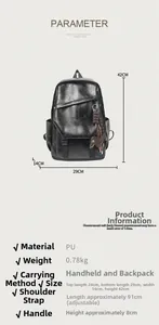 Detailed view of black PU leather backpack showing dimensions 42x29x14cm and specs