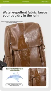 Detail showing waterproof test and scratch-resistant texture of brown leather backpack