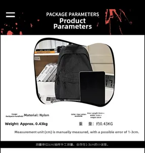 Infographic showing size 33x15x43cm and 0.43kg weight for the checkered nylon backpack