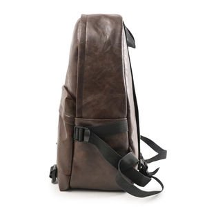 Detailed side view of dark brown faux leather backpack with litchi grain and buckle