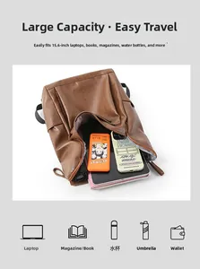 Brown PU leather backpack interior showing space for 15.6 inch laptop and daily items