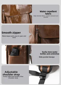 Waterproof leather backpack with smooth zippers and side umbrella storage pockets