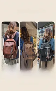 Three leather backpacks in brown, tan, and black with dachshund charms and side pockets