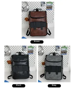 Detailed close-up showing black, brown, and grey vintage PU leather backpacks with buckles