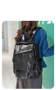 Detail of a black faux leather backpack featuring a cute chocolate and dachshund charm