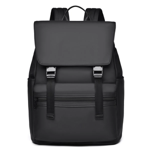 Black minimalist waterproof travel backpack with large capacity and double buckle flap closure
