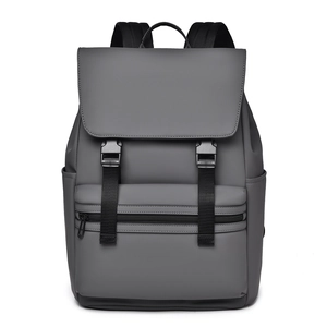Detail of dark grey waterproof backpack with matte finish and secure buckle closure
