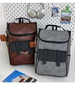 Detail view of vintage matte PU leather backpacks in brown and grey with plush bear pendant
