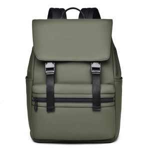 Army green waterproof laptop backpack featuring matte finish and black buckle strap details