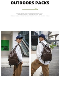Detail view of large dark brown PU leather backpack with wide straps on male model