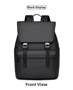 Front view of black waterproof business backpack with dual buckle straps and matte texture