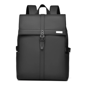 Minimalist black matte laptop backpack with roll-top design and adjustable buckle closure