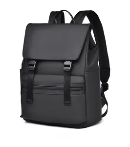 Detail view of black waterproof backpack with matte texture and buckle closure