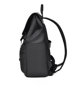 Side view of a black waterproof backpack showing honeycomb breathable mesh and straps