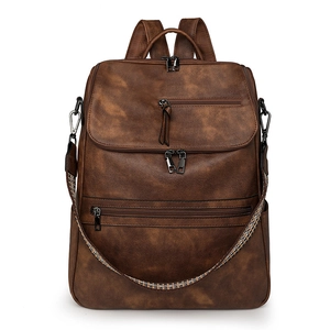 Vintage brown leather backpack for women with multifunctional woven shoulder straps